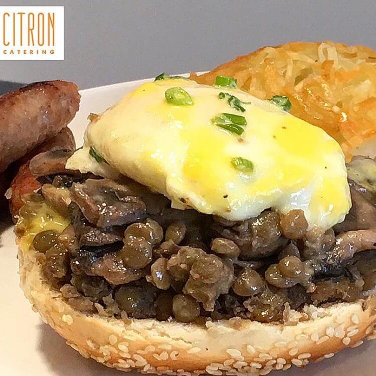 Mornings are never bad when adding sautéed mushrooms and lentils to your eggs Benedict on a bagel